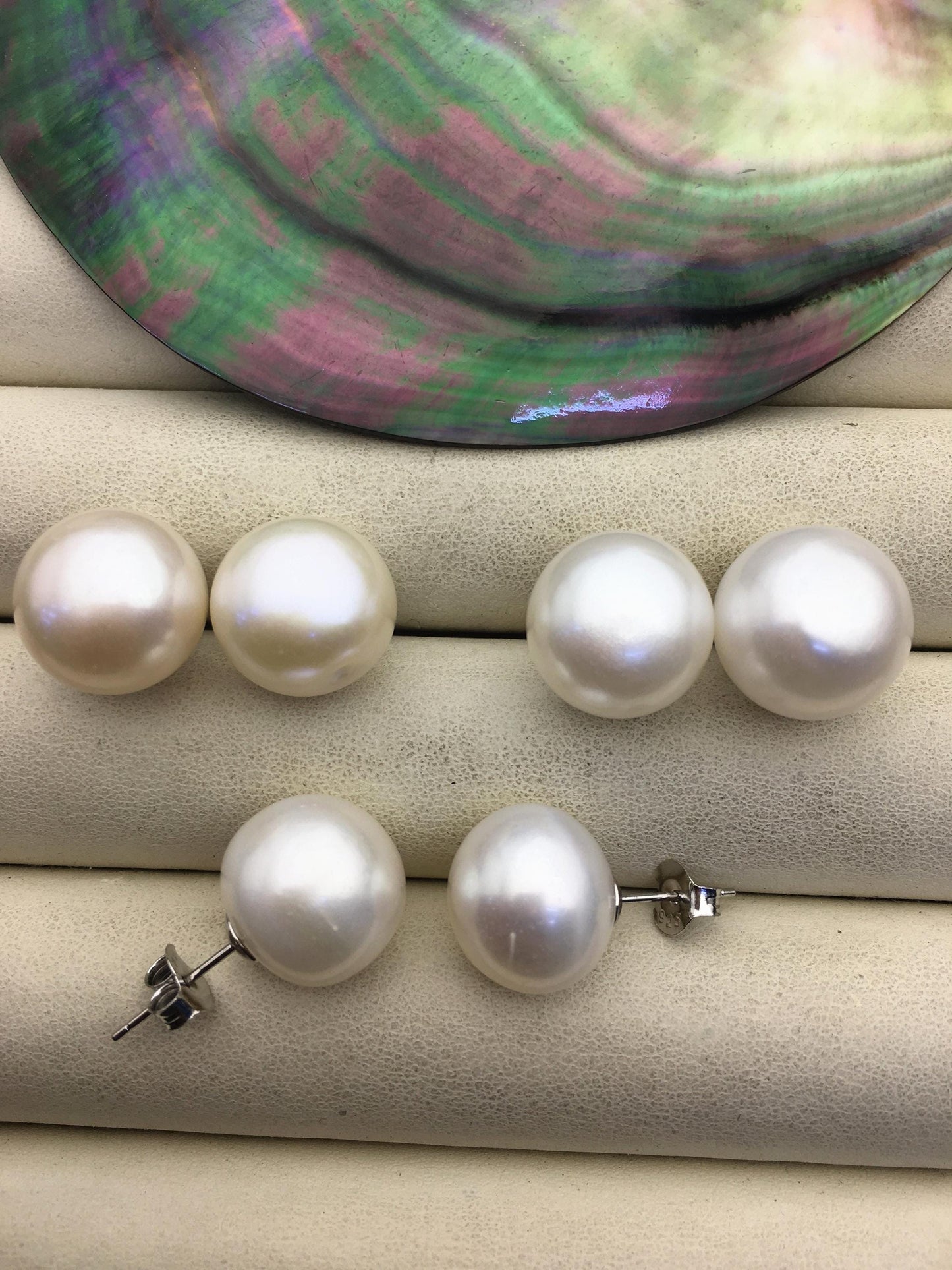 1 pair AA+ 14-15mm huge white button round Pearl Stud Earrings,freshwater pearl earrings,Wedding,classic pearl studs,SE1-069-18