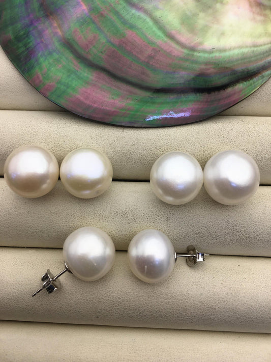1 pair AA+ 14-15mm huge white button round Pearl Stud Earrings,freshwater pearl earrings,Wedding,classic pearl studs,SE1-069-18