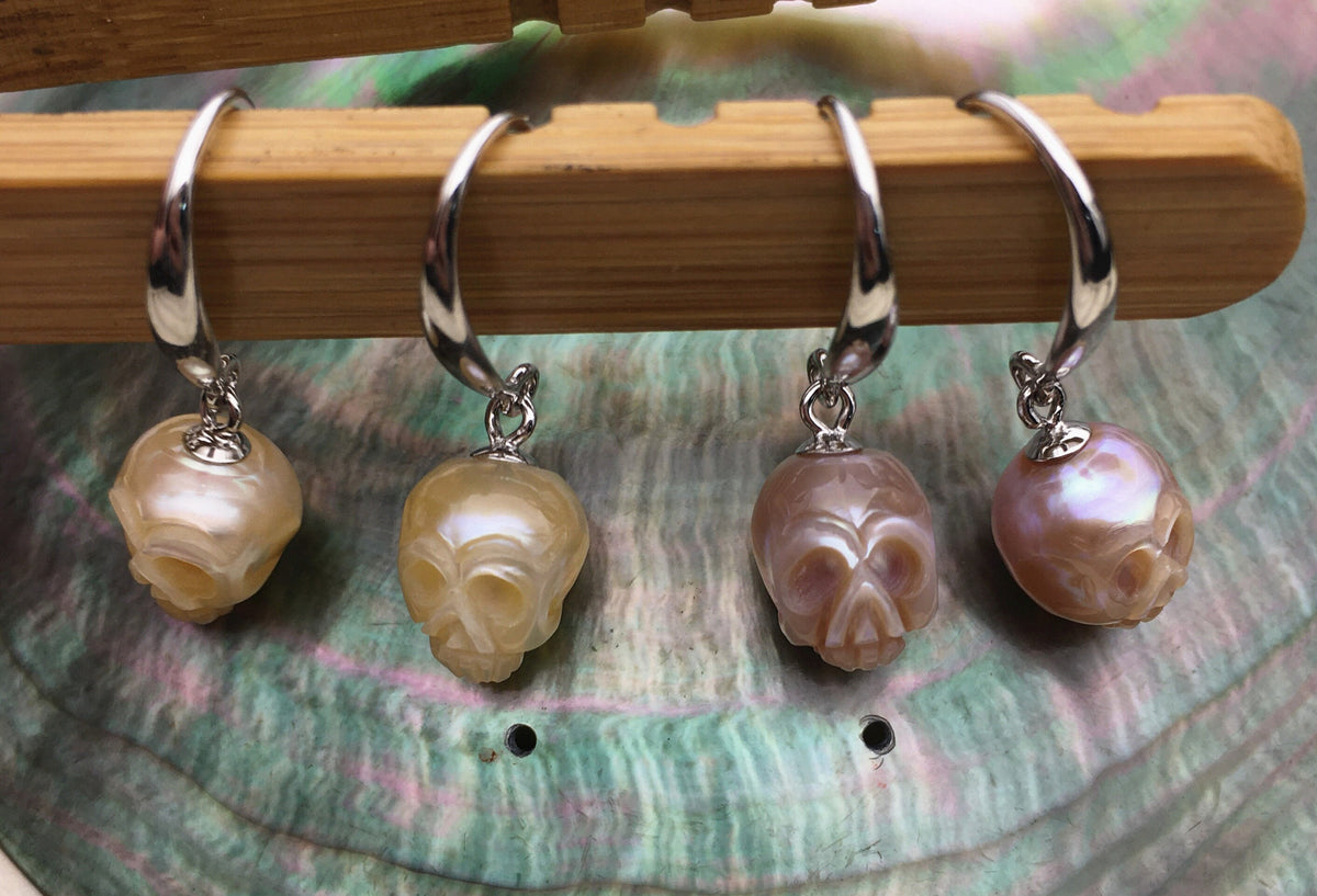 AAA 8mm white/pink/purple/gray/black HandMade Carved Skull Freshwater Pearl Dangle Earrings,Pearl Earrings for Women Girls,SE3-027-3