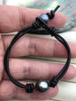 11-13mm big Single Drop Green Black Tahitian pearl Leather Cord bracelet,SELECT leather color, Pearl Leather bracelet,Le10-006