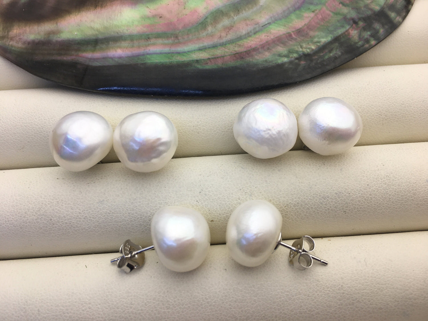 AAA 13-13.5mm big white wrinkled skin baroque button round Pearl Stud Earrings,SE1-069-15