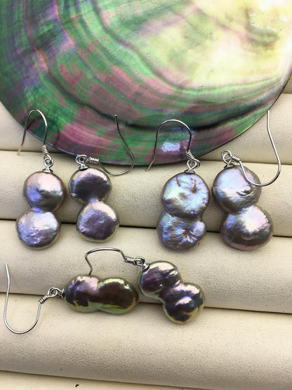 AA+ 12-13mm Gray Purple Coin Pearl Dangle Earrings- S925 silver pearl dangle earrings,SE3-T44