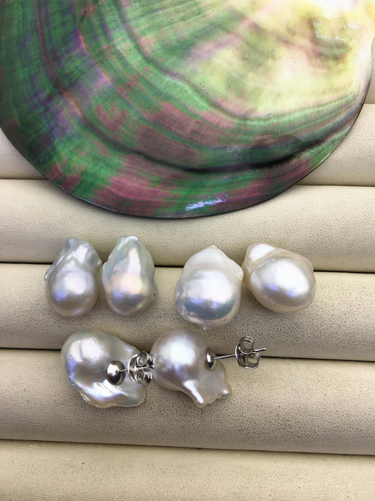1 pair AAA 11-14mm small flame ball pearl stud earrings,sterling silver,earring with white baroque Natural Pearl,SE3-031-21