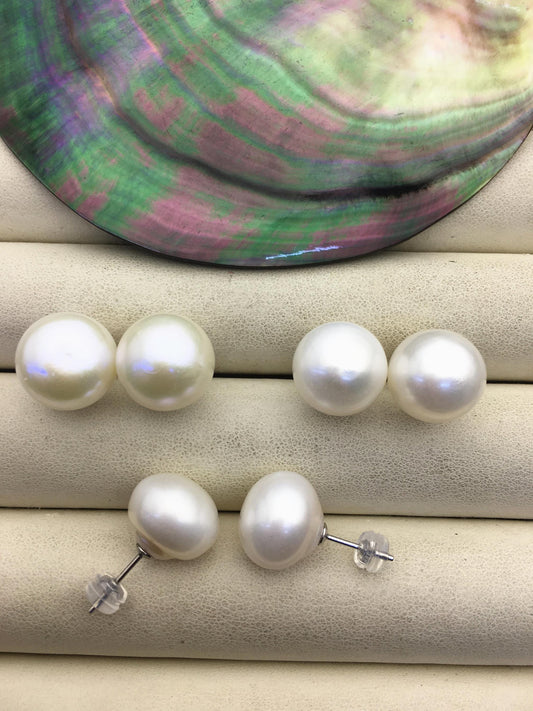 1 pair AA+ 13-14mm very big white round Pearl Stud Earrings,freshwater pearl earrings,SE1-069-20