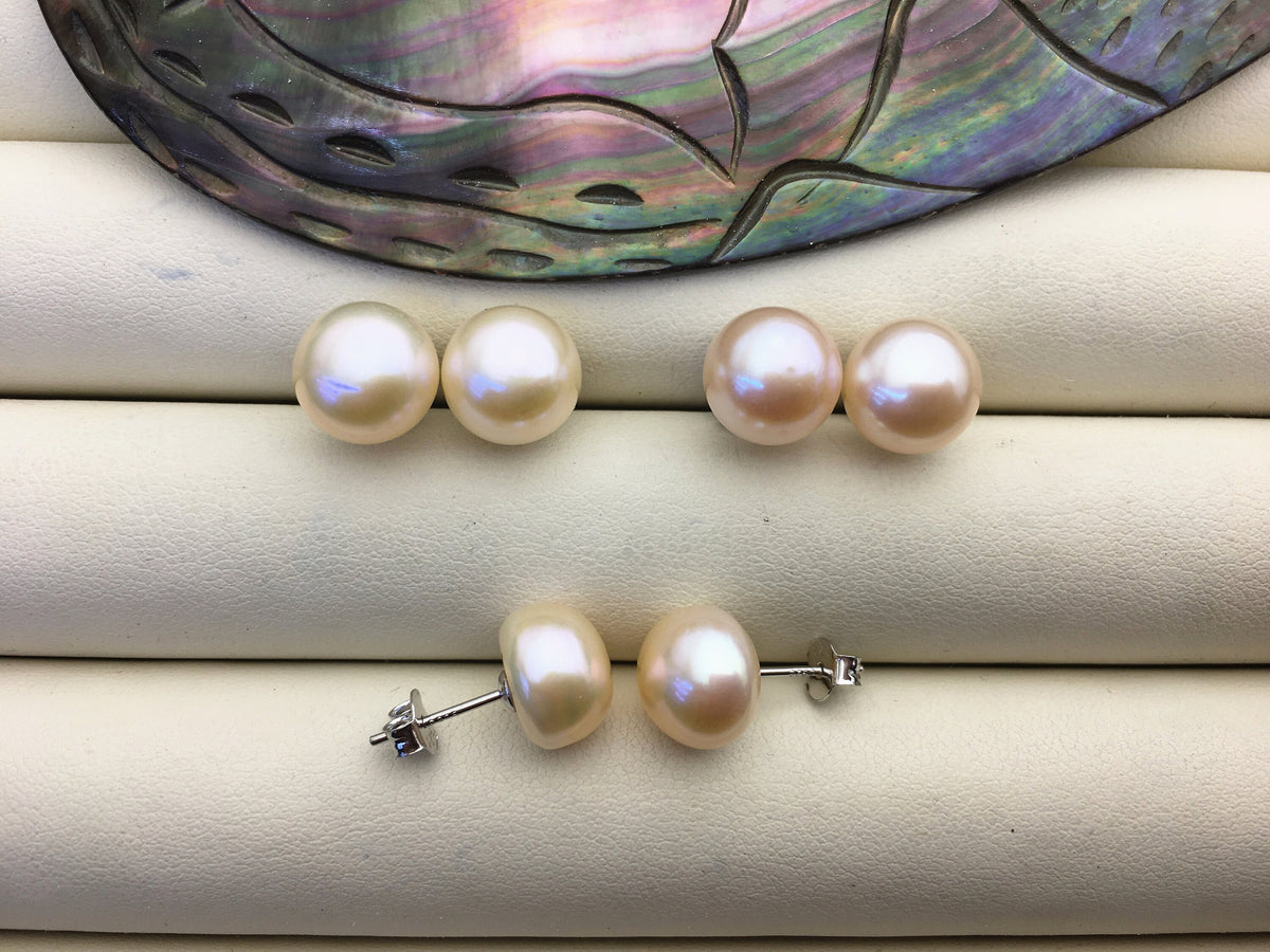 AAA 9.5-10mm light orange pink button round pearl stud earrings - SE1-T44