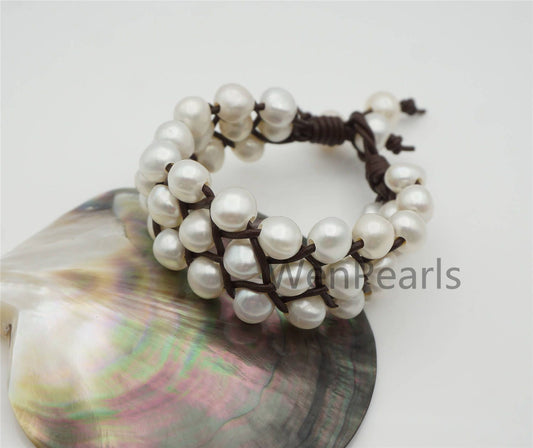 Three Rows nugget Pearl fashion jewelry,pearl Leather Pearls Bracelet - plait leather bracelet - Genuine freshwater pearl - Le7-161