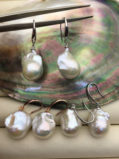 1 pair AAA 14-16mm white flame ball pearl dangle earrings,silver/rose sterling silver earrings,SE3-031-6