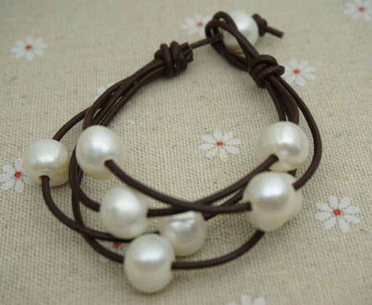 Leather Pearls Bracelet, Handmade Cuff,White Pearls on Brown Leather,Black leather bracelet,Le7-072