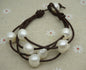Leather Pearls Bracelet, Handmade Cuff,White Pearls on Brown Leather,Black leather bracelet,Le7-072