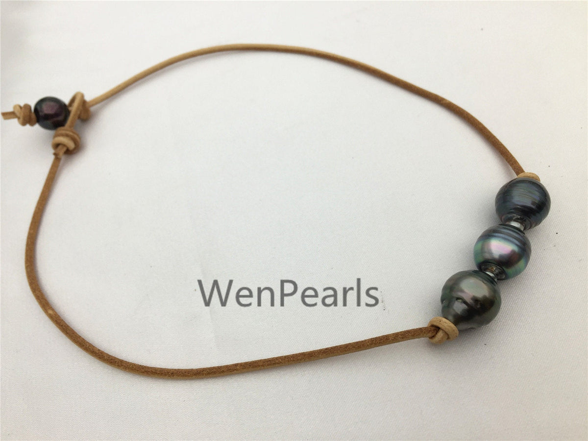 Three Tahitian Pearl Choker,Leather Necklace,High Luster,Pearl Leather Necklace,Black Leather Pearl necklace,Black pearl necklace,Le11-016