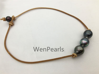 Three Tahitian Pearl Choker,Leather Necklace,High Luster,Pearl Leather Necklace,Black Leather Pearl necklace,Black pearl necklace,Le11-016