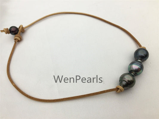 Three Tahitian Pearl Choker,Leather Necklace,High Luster,Pearl Leather Necklace,Black Leather Pearl necklace,Black pearl necklace,Le11-016