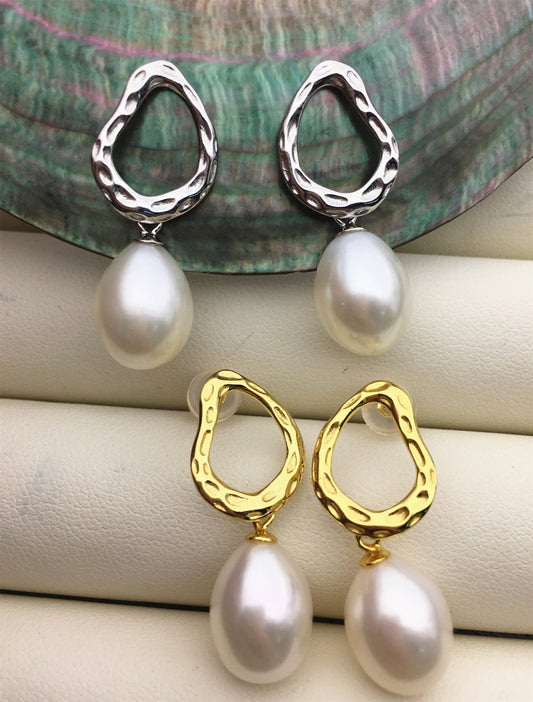 AAA 9mm Silver/Gold White rice pearl cz stud earrings,earrings for women for girl,SE3-049
