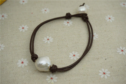 Huge Pearl and leather bracelet, Leather Pearls Bracelet, Handmade Cuff,White Pearls on Brown Leather,Black leather bracelet,Le7-069