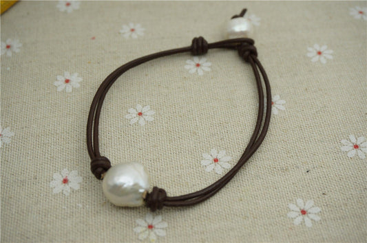 Huge Pearl and leather bracelet, Leather Pearls Bracelet, Handmade Cuff,White Pearls on Brown Leather,Black leather bracelet,Le7-069