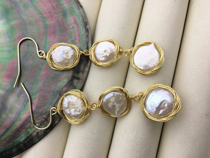 Handmade white three coin pearl dangle earrings,earring with white baroque Natural Pearl,SE3-120-7