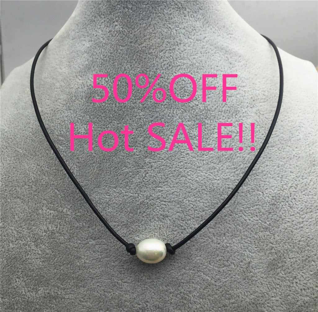 12mm Very Big Rice Pearl Leather Choker Necklace,Pearl Leather Necklace,freshwater rice pearl necklace,pearl leather choker,Le1-073