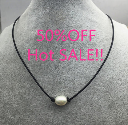 12mm Very Big Rice Pearl Leather Choker Necklace,Pearl Leather Necklace,freshwater rice pearl necklace,pearl leather choker,Le1-073