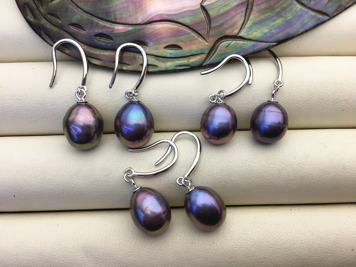 1 pair AA+ 9.5-10mm purple rainbow rice pearl dangle earrings,SE3-T12