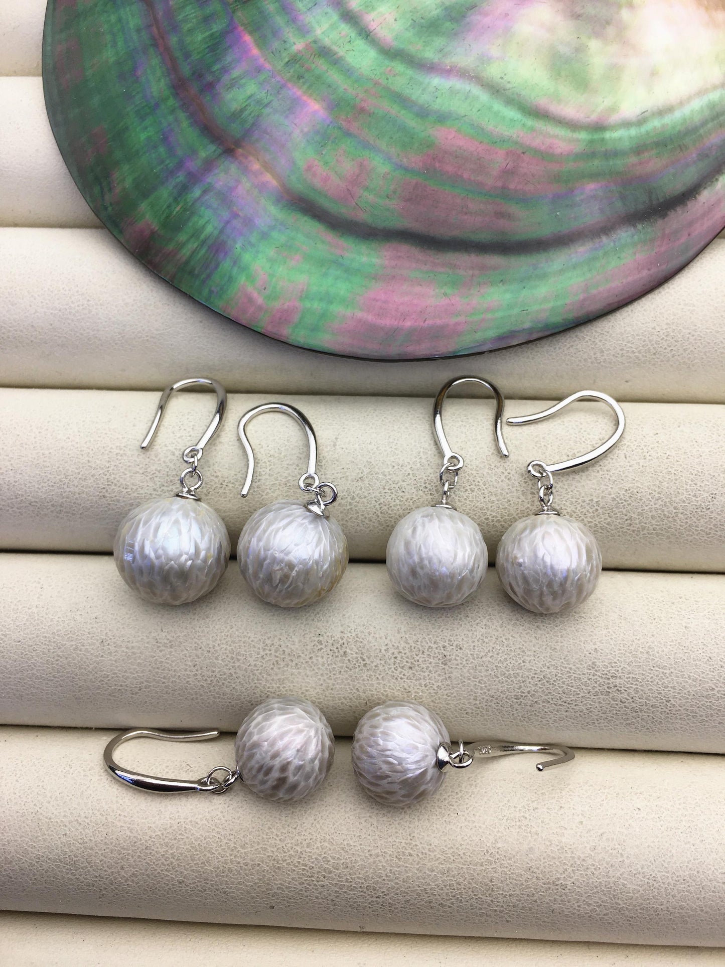 1 pair AA+ 11-13mm gray handmade carved round pearl dangle earrings,S925 sterling silver earrings,SE3-T9-42
