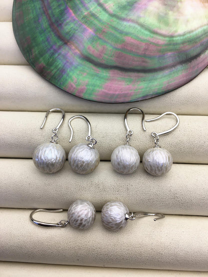 1 pair AA+ 11-13mm gray handmade carved round pearl dangle earrings,S925 sterling silver earrings,SE3-T9-42