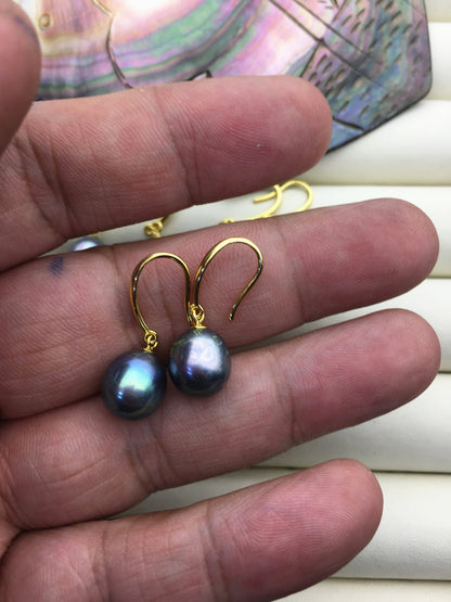 1 pair AA+ 9.5-10mm deep green blue rice pearl dangle earrings,yellow gold plated S925 Sterling Sliver pearl earrings,SE3-T45