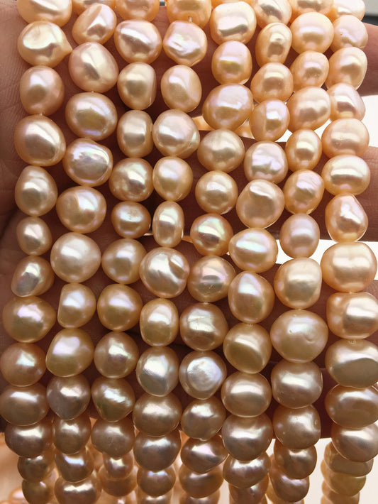 AAA 8.5-9.5x9-10mm Pink Peach Color nugget freshwater pearls,full strand,LM9-3A-5