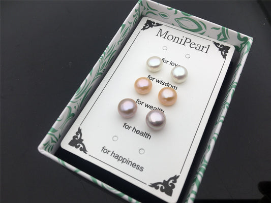 3 pair SET 8-8.5mm White Pink Purple pearl stud earrings,Sterling Silver AAA pearl,wish pearl stud earrings,SE3-083