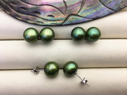 1 pair AAA 9.5-10mm Green Pearl stud Earrings,sterling silver,SE1-T32