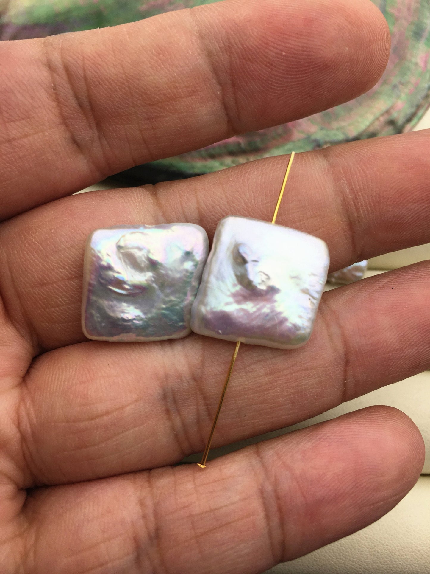 1 pair AA+ 16-18x16-18mm Big White Rectangle Freshwater Pearl White loose Beads Pair,0.9mm through hole,ZS-103-37-62