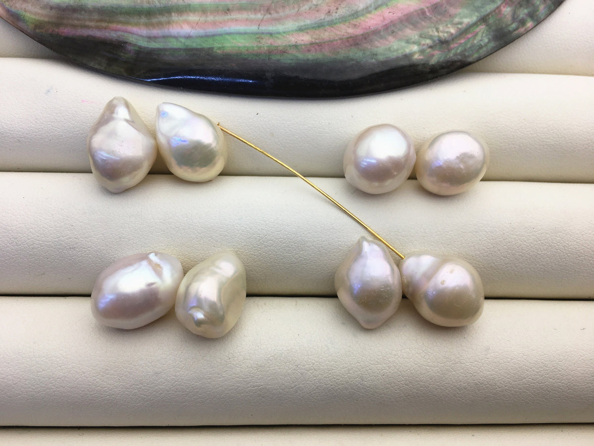 3 pairs AA+ 10-12mm White Nugget Freshwater Pearl White loose Beads Pair,0.9mm top half hole,ZS-103-37-51