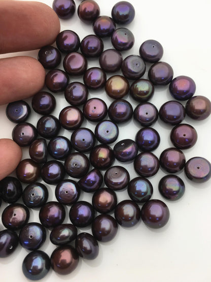 20pcs AAA 9.5-10mm brown black button round loose freshwater pearl,0.9mm bottom half hole,BTN9-T4