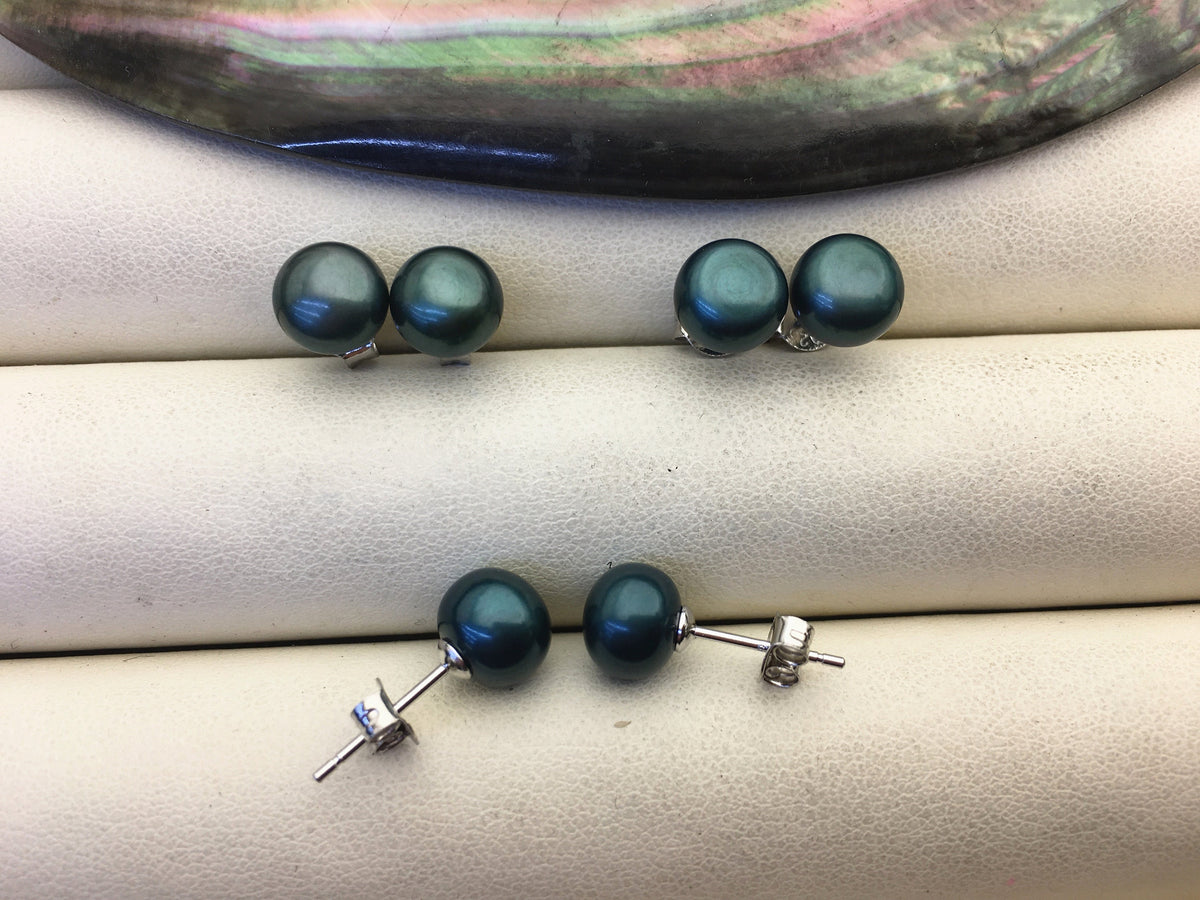 AAA 7-8mm Deep Green Button Round Pearl stud earrings,Sterling Silver,SE1-T7