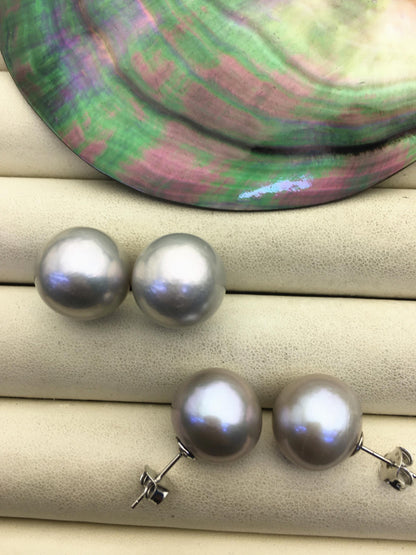 1 pair AAA 10-15mm gray rainbow round edison pearl stud earrings,S925 Sterling Sliver stud earrings,wedding pearl earrings,SE3-T9-57