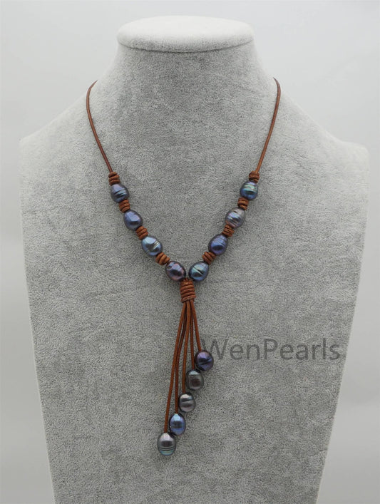 Deep Blue Big Rice pearl leather drop necklace,Pearl and Leather Lariat Necklace,Leather Pearl necklace,Le4-100