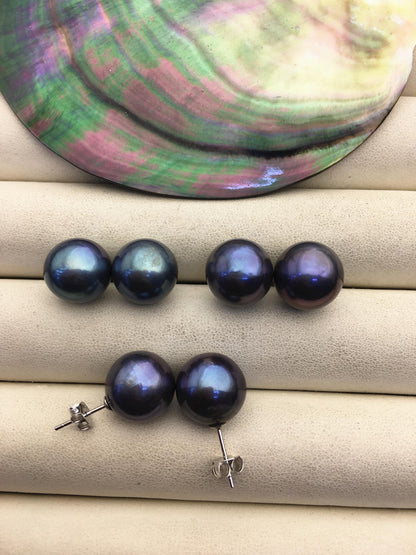 1 pair AA+ 12-13mm black round edison pearl stud earrings,S925 Sterling Sliver stud earrings,wedding pearl earrings,SE3-T9-39