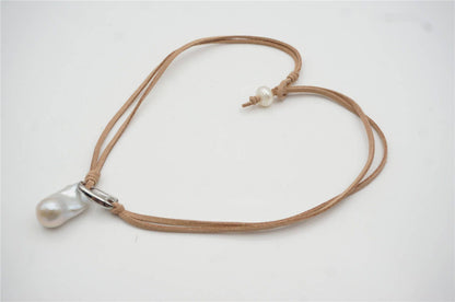AAA Big Flameball Pearl Leather Cord Necklace,pearl and leather jewelry,leather necklace,creamy pearl,flameball pearl,Le5-020