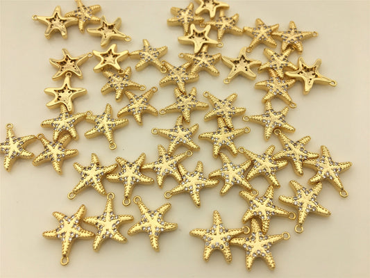 3pcs 11mm Gold Zircon Starfish Charm, Ocean Under the Sea pendant,Brass plated 14k gold,ACC-O-003