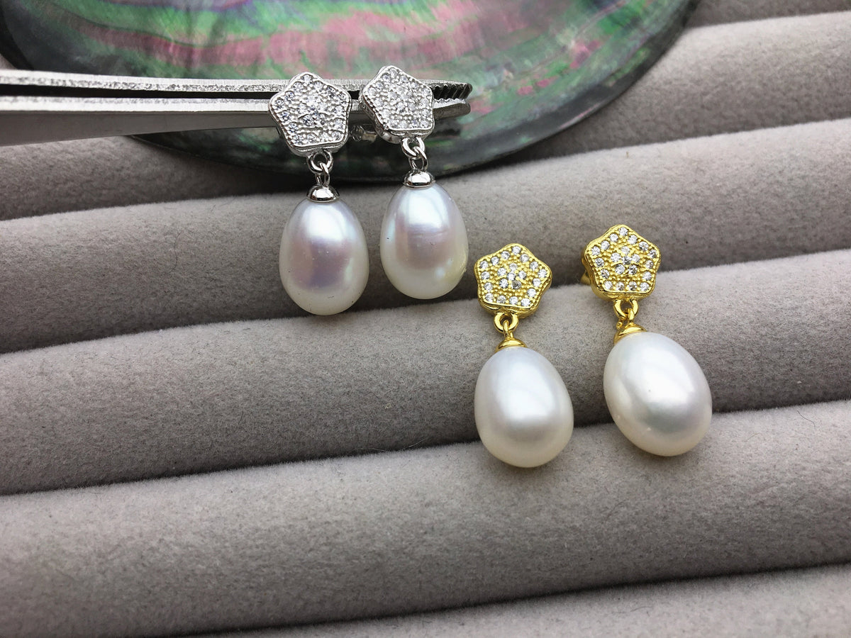 AAA 9mm White rice pearl Pentagon cz stud earrings,S925 Sterling Sliver pearl earrings,pearl for women for girl,SE3-138