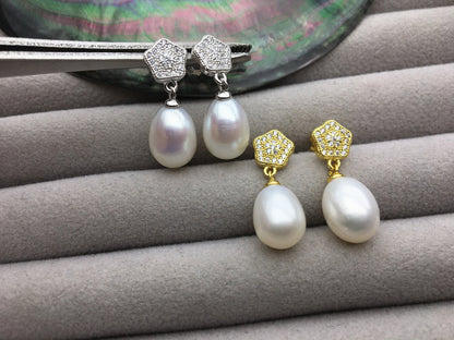 AAA 9mm White rice pearl Pentagon cz stud earrings,S925 Sterling Sliver pearl earrings,pearl for women for girl,SE3-138
