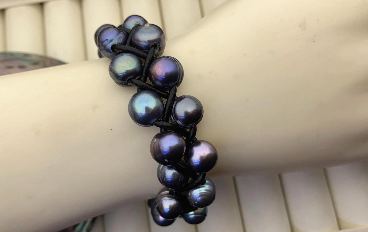 Two rows blue pearl bracelet,Leather Pearls Bracelet, Handmade Cuff,White Pearls on Brown Leather,Black leather bracelet,Le7-096