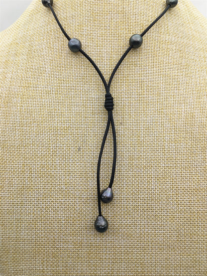 real tahitian pearl floating drop part leather Necklace,black,brown Leather color Pearl necklace, Leather pearl necklace,Le11-029