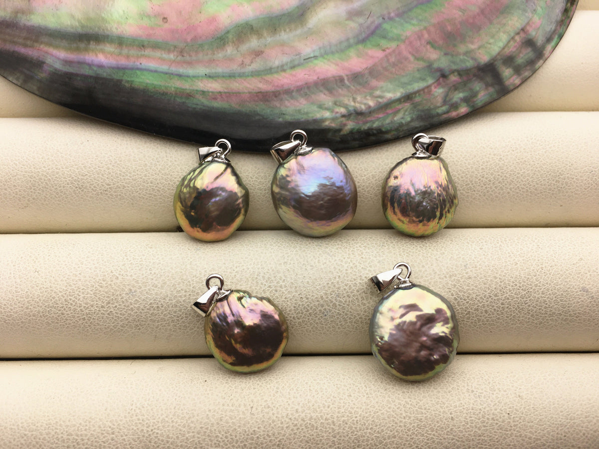 1pc 12-14mm rainbow coin freshwater pearl pendant necklace,S925 Sterling silver pendant,NC1-T40