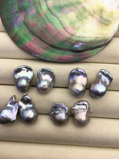 2 pairs AA+ 12-16mm Gray Flameball Pearl Pairs - large Baroque freshwater pearl pairs- 1.0 top side hole, FL15-3A-8-46