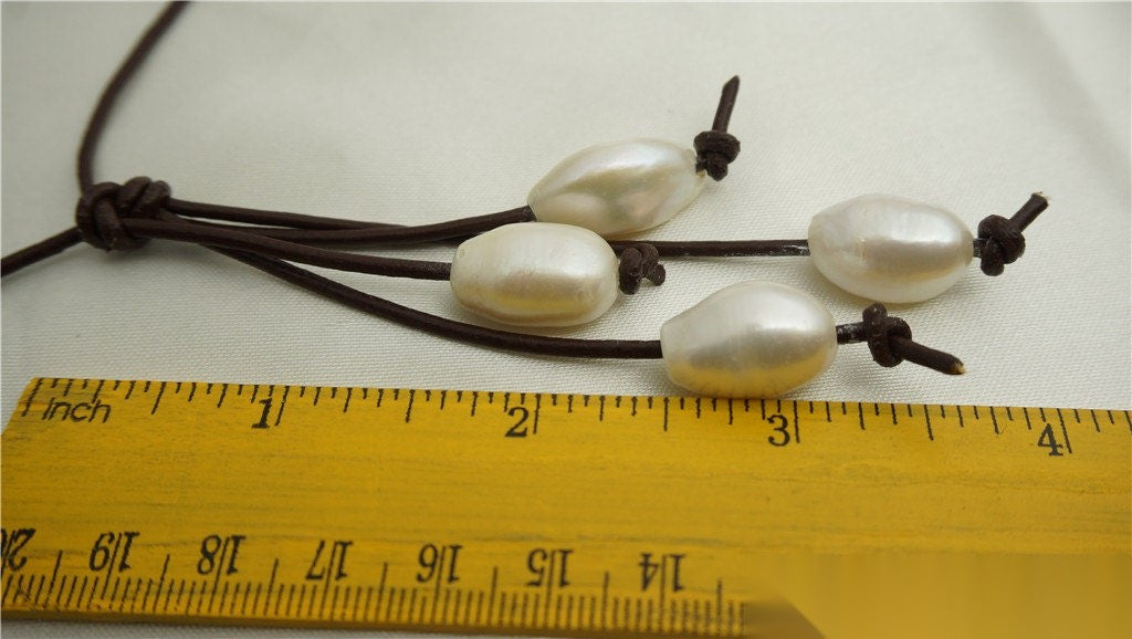 Freshwater Pearl and Leather Lariat Necklace, Light Brwon Leather Pearl necklace, Leather baroque pearl necklace,Le1-072