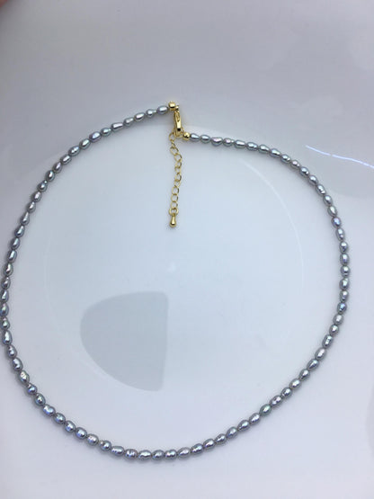16+2'' AA+ 3-4mm tiny gray rice freshwater Pearl necklace,genuine freshwater Pearl necklace,Natural Pearl Necklace,NPN1-T50