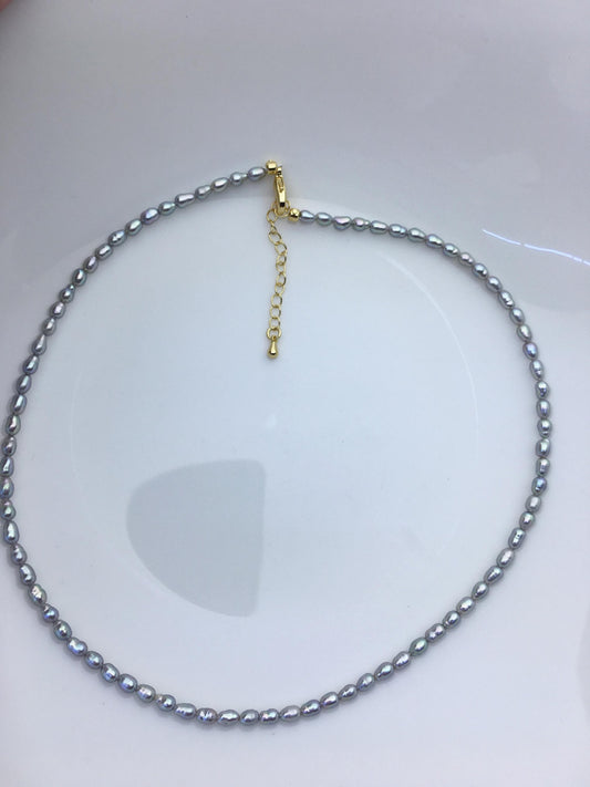 16+2'' AA+ 3-4mm tiny gray rice freshwater Pearl necklace,genuine freshwater Pearl necklace,Natural Pearl Necklace,NPN1-T50