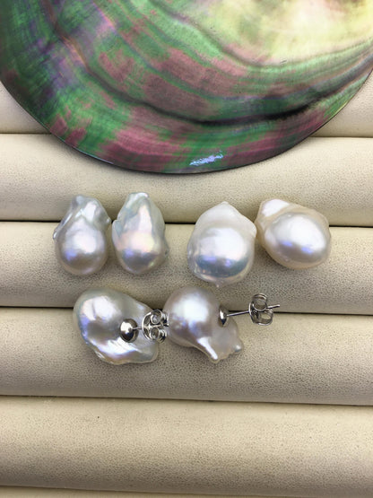 1 pair AAA 11-14mm small flame ball pearl stud earrings,sterling silver,earring with white baroque Natural Pearl,SE3-031-21
