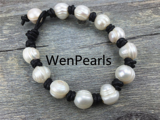 11mm big pearl bracelet,Leather Pearls Bracelet, Handmade Cuff,White Pearls on Brown Leather,Black leather bracelet,Le7-029