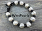 11mm big pearl bracelet,Leather Pearls Bracelet, Handmade Cuff,White Pearls on Brown Leather,Black leather bracelet,Le7-029
